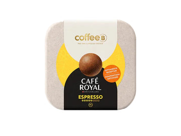 Café Royal Espresso packaging with a coffee bean on a light gray background