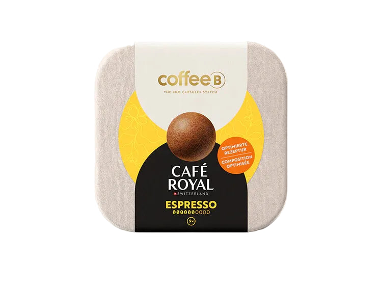 Café Royal Espresso packaging with a coffee bean on a light gray background
