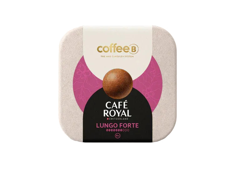 Café Royal Lungo Forte coffee packaging with 'coffee b' branding on a white background