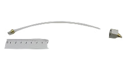 Metallic cable with a label on a white background