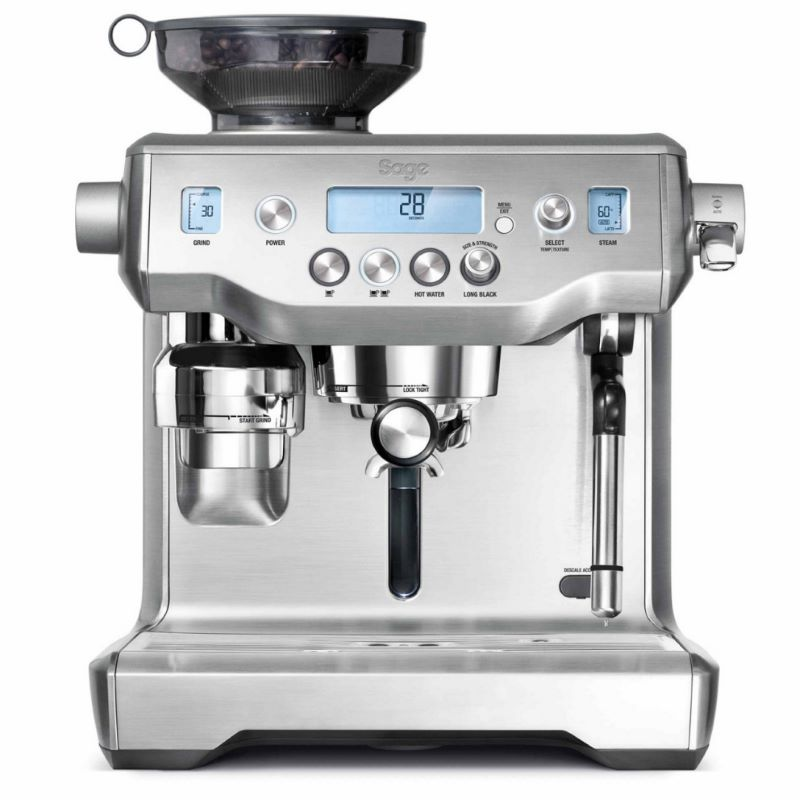 Silver Breville espresso machine on a white background