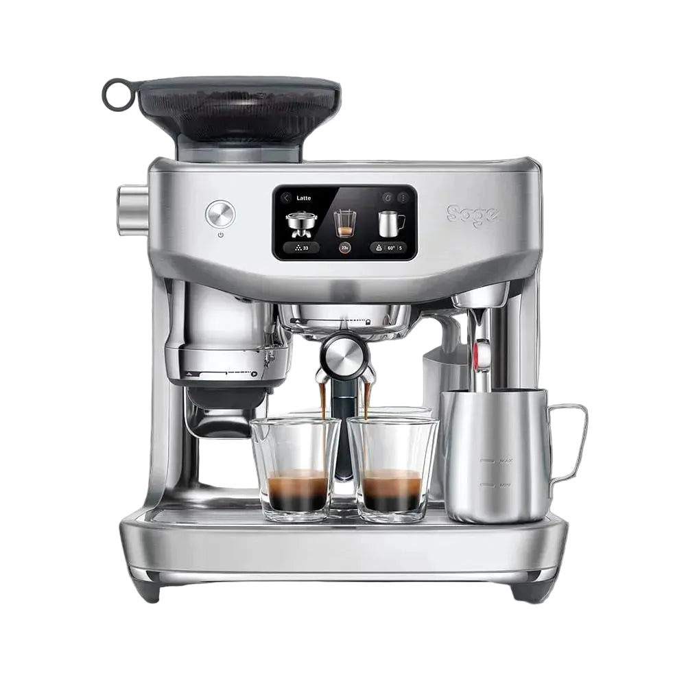Sage coffee machine with two cups of coffee and a milk container on a white background, featuring the 'Expert Reviews Coffee Machine of the Year' award.