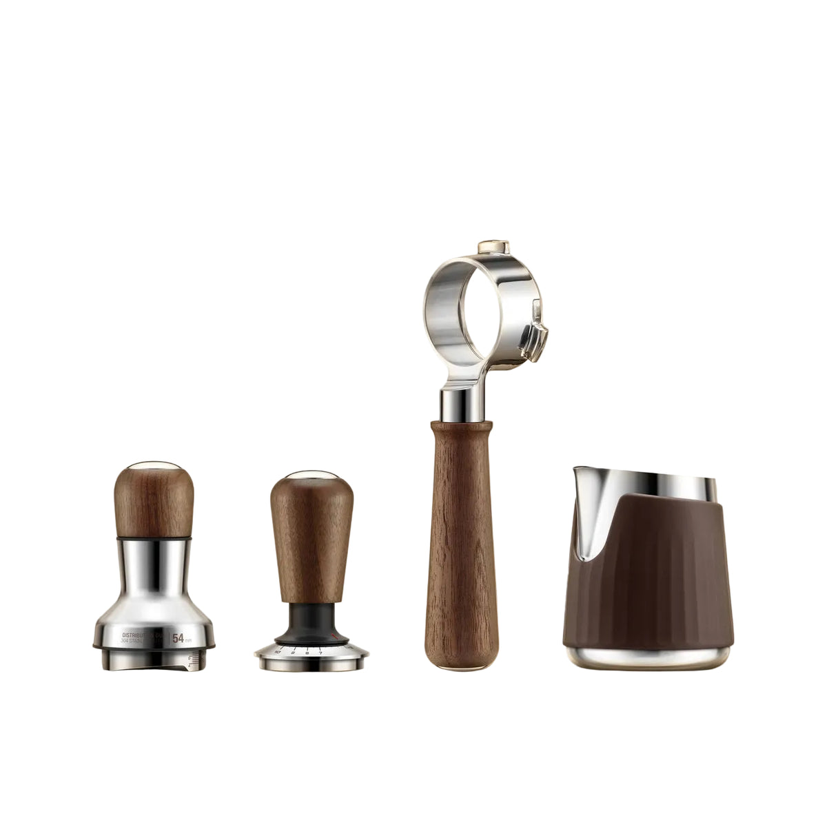 Set of coffee brewing tools with wooden handles on a beige background