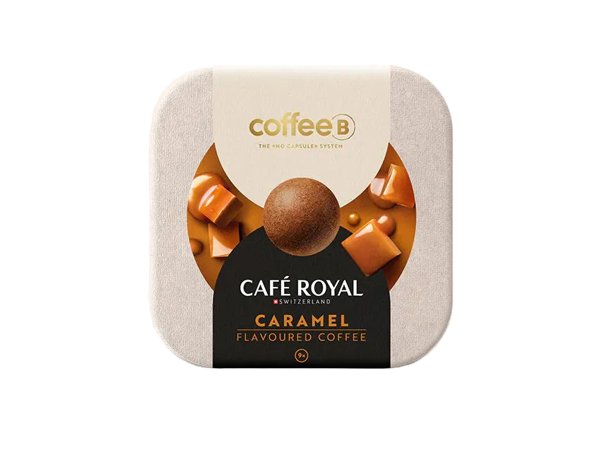 Café Royal caramel-flavored coffee packaging on a light gray background