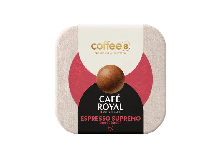 Coffee B Cafe Royal Espresso Supremo packaging on a light gray background
