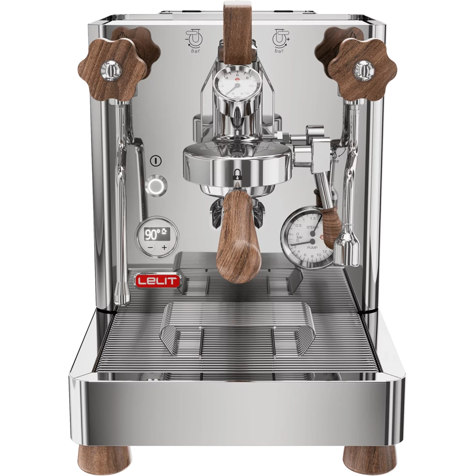 Stainless steel espresso machine with wooden handles and accents on a white background