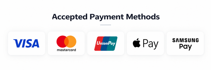 Accepted payment methods graphic showing VISA, Mastercard, UnionPay, Apple Pay, and Samsung Pay logos on a white background.