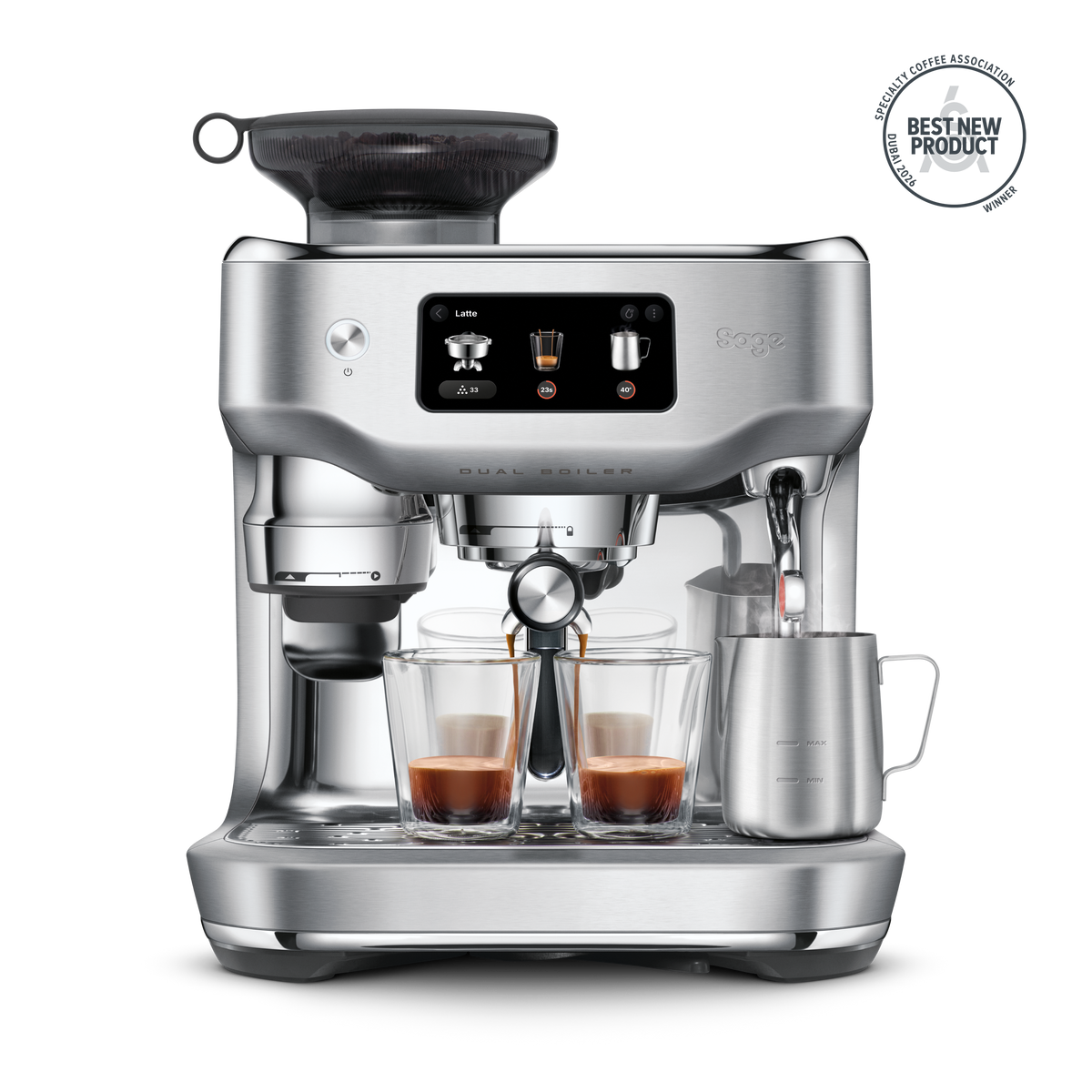 Silver coffee machine with two cups of coffee on a white background, featuring the Sage logo.
